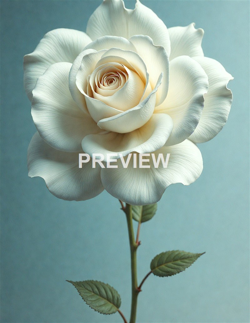 A close-up image of a large, elegant white rose with delicate petals unfurling against a soft, muted background.